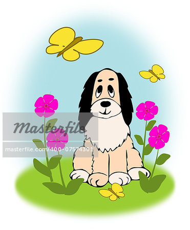 A dog that sits between the flowers and watching butterflies.