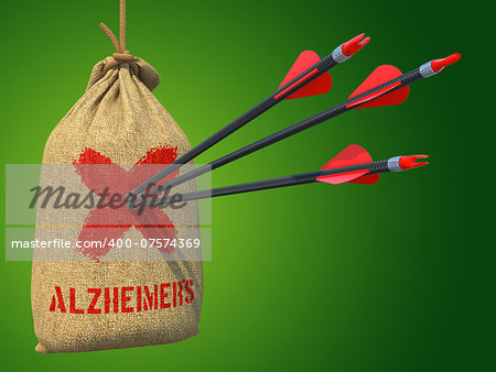 Alzheimers - Three Arrows Hit in Red Mark Target on a Hanging Sack on Green Background.