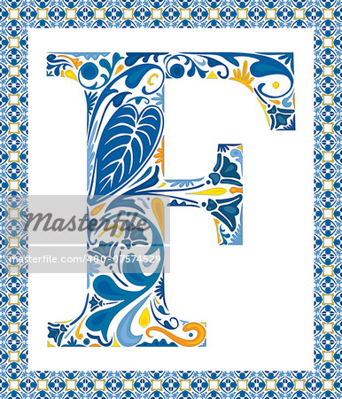 Blue floral capital letter F in frame made of Portuguese tiles