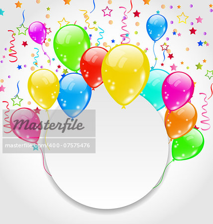 Illustration birthday invitation with multicolored balloons and confetti - vector