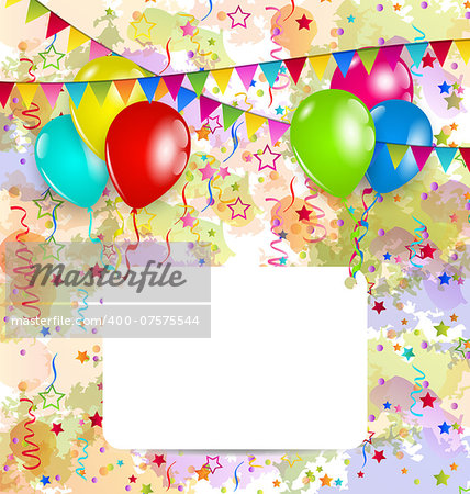 Illustration modern birthday greeting card with balloons and confetti - vector