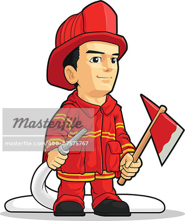 A vector image of a firefighter holding an axe and a water spray. Drawn in cartoon style, this vector is very good for design that need firefighter element or mascot in cute, funny, colorful and cheerful style.