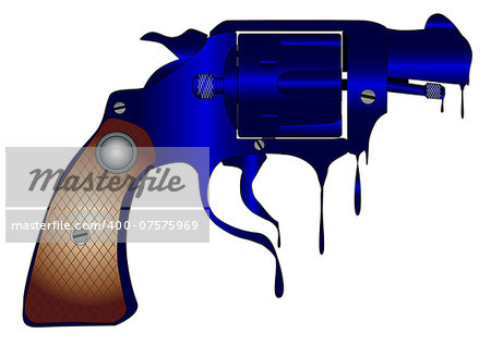 A snub nose handgun as used by police forces, melting like wax and isolated over a white bavkground.