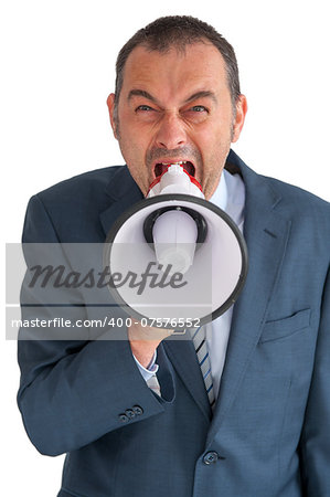 aggressive businessman shouting to camera through a loudhailer