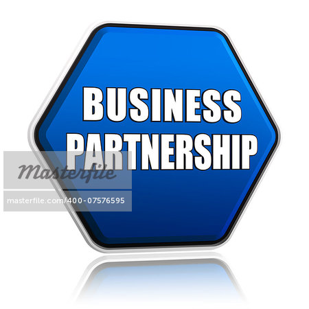 business partnership - 3d blue hexagon banner with white text, teamwork growth concept words