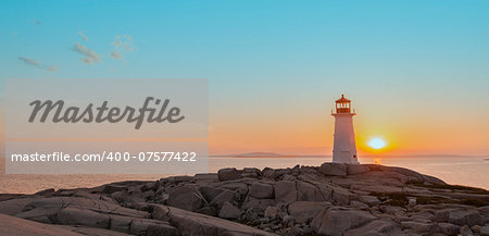 Panorama of Peggys Cove's Lighthouse at Sunset (Nova Scotia, Canada)