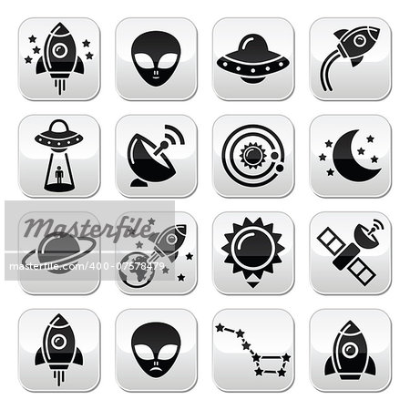 Alien, space travel black icons set with reflection isolated on white
