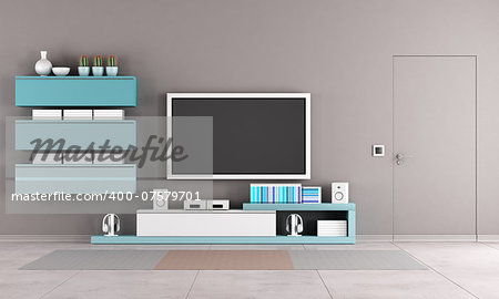 Colorful living room with tv stand,cabinet and close door