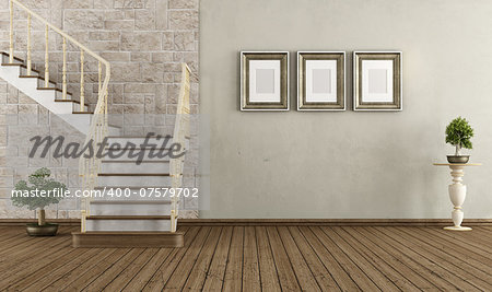 Retro room with wooden staircase - rendering