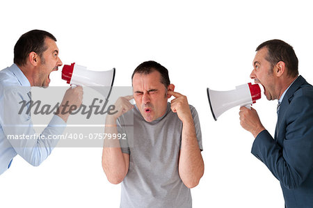 man being yelled at by managers isolated on white