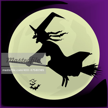 Silhouette of a witch on her broomstick flying across the full moon