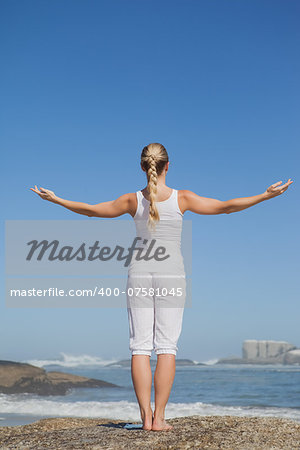 Blonde woman standing on beach on rock on a sunny day