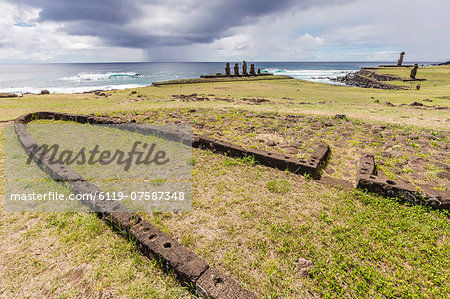 House foundation and sevem moai in the Tahai Archaeological Zone on Easter Island (Isla de Pascua) (Rapa Nui), UNESCO World Heritage Site, Chile, South America