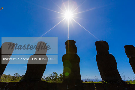 Detail of moai looking into the sun at Ahu Akivi, the first restored altar on Easter Island (Isla de Pascua) (Rapa Nui), UNESCO World Heritage Site, Chile, South America Detail of moai looking into the sun at Ahu Akivi, the first restored altar on Easter Island (Isla de Pascua) (Rapa Nui), UNESCO World Heritage Site, Chile, South America