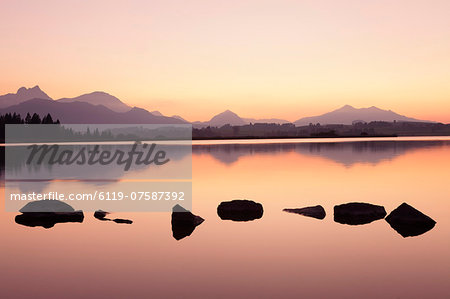 Sunset at Hopfensee Lake, near Fussen, Allgau, Allgau Alps, Bavaria, Germany, Europe
