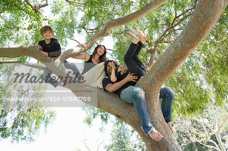 Portrait of family with two boys climbing on park tree