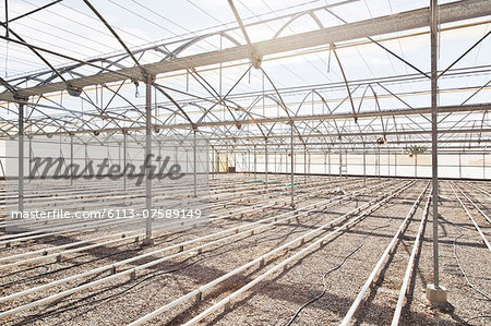 Irrigation pipes in empty greenhouse