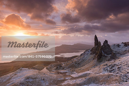 Spectacular sunrise over the Old Man of Storr, Isle of Skye, Inner Hebrides, Scotland, United Kingdom, Europe