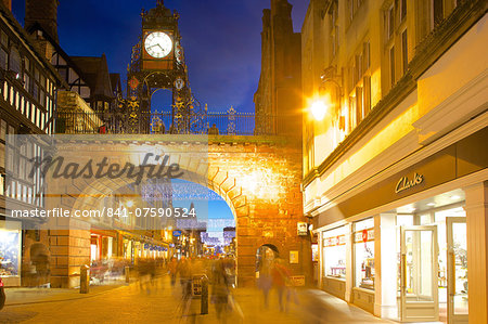 East Gate Clock at Christmas, Chester, Cheshire, England, United Kingdom, Europe