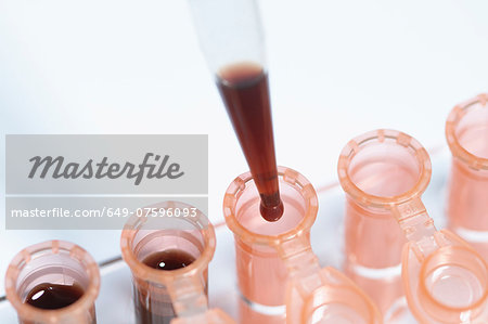 Synthetic Blood. Blood testing. A precision micropipette is used to fill microcentrifuge tubes with blood to be tested. Pipettes are commonly used in chemical and biological laboratory research