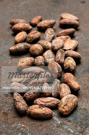 Lots of cocoa beans of the variety Criollo (organic) on a rusty surface