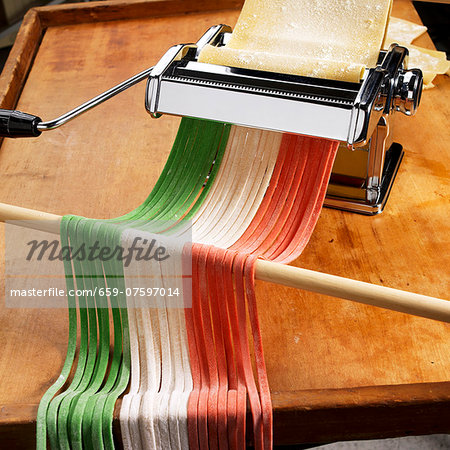 Pasta Maker with Homemade Green, White and Red Noodles