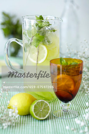 Lemon and lime cordial with peppermint and ice cubes