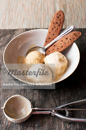 coffee ice cream in a bowl with biscuits