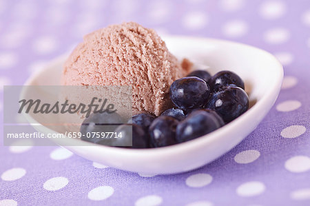 A scoop of home-made blueberry ice cream with fresh blueberries