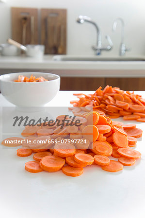 Carrots, cut into slices, in the kitchen