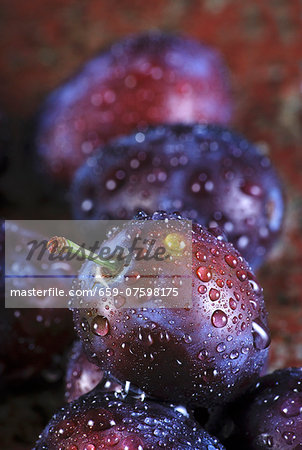 Plums with water droplets (close-up)