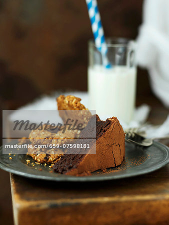 Chocolate cake, biscuits and milk