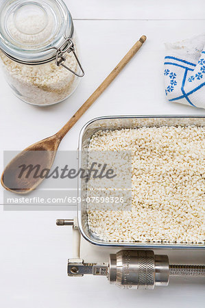 Risotto rice on vintage kitchen scales