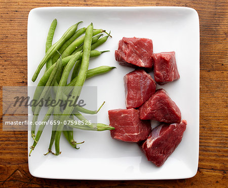 Raw Chunks of Beef and String Beans on a White Plate from Overhead