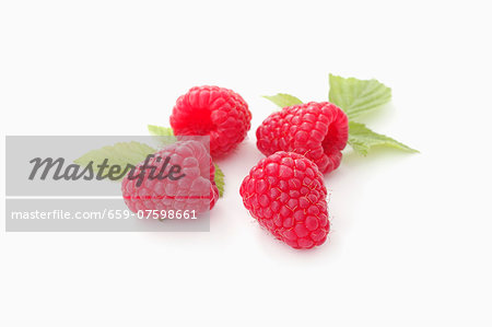 Four raspberries with leaves