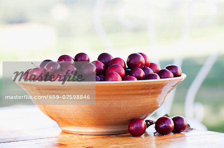 Lots of cherry plums in a bowl on a table in the garden