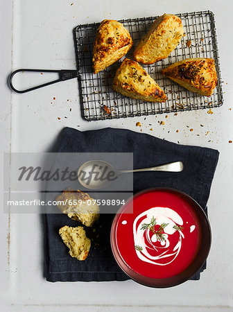 Beetroot soup with cheese scones