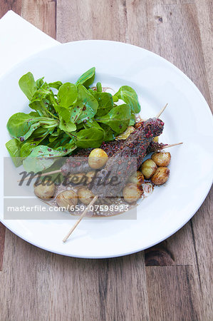Venison skewers with watercress salad and chestnuts