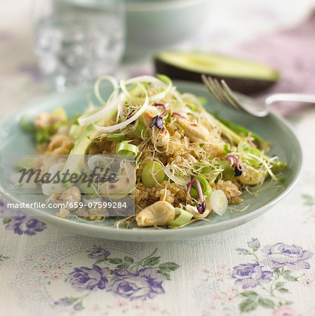 Quinoa salad with leek, avocado and cashew nuts