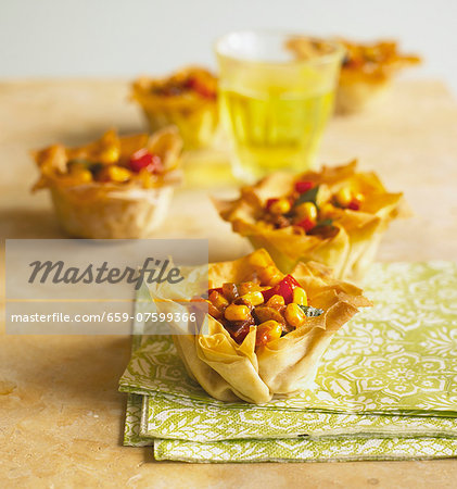 Filo pastry baskets filled with vegetable chilli