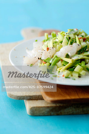 Cod ceviche with fresh herbs,cucumber and leeks