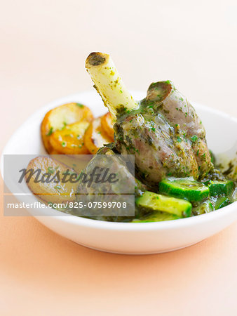 Knuckle of lamb with sorrel,zucchini and sauteed potatoes