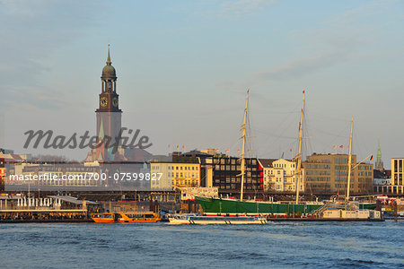 View of Harbour and St Michaelis Church in Background, Hamburg, Germany