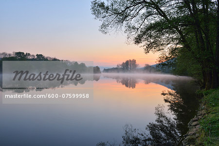 River Main in the Dawn, Spring, Dorfprozelten, Spessart, Franconia, Bavaria, Germany