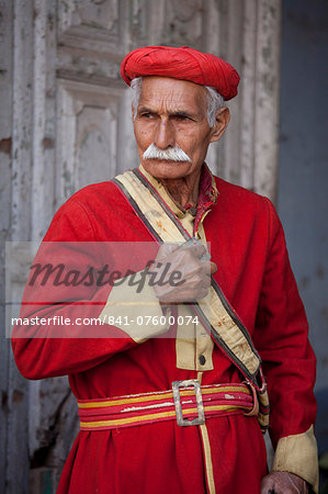 Hindu temple guard in holy city of Varanasi, Benares, India