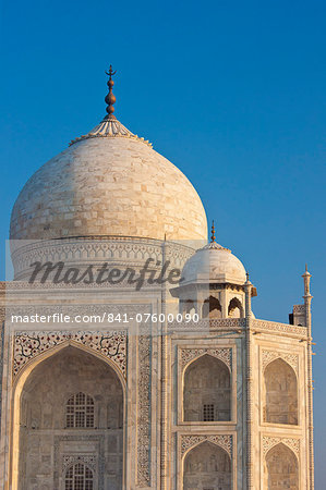 Iwans of The Taj Mahal mausoleum, western view detail diamond facets with bas relief marble, Uttar Pradesh, India