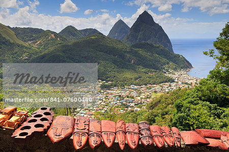 Souvenir stall with view of the Pitons and Soufriere, St. Lucia, Windward Islands, West Indies, Caribbean