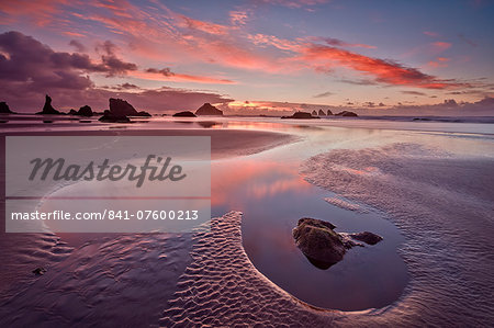 Sunset with orange clouds, Bandon Beach, Oregon, United States of America, North America