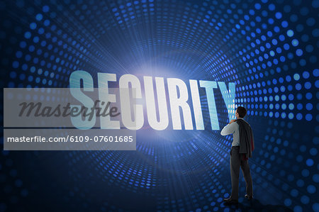 Security against futuristic dotted blue and black background