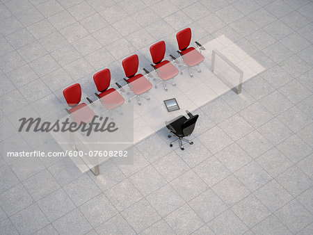 Illustration of glass conference table with business chairs on granite tiles, studio shot